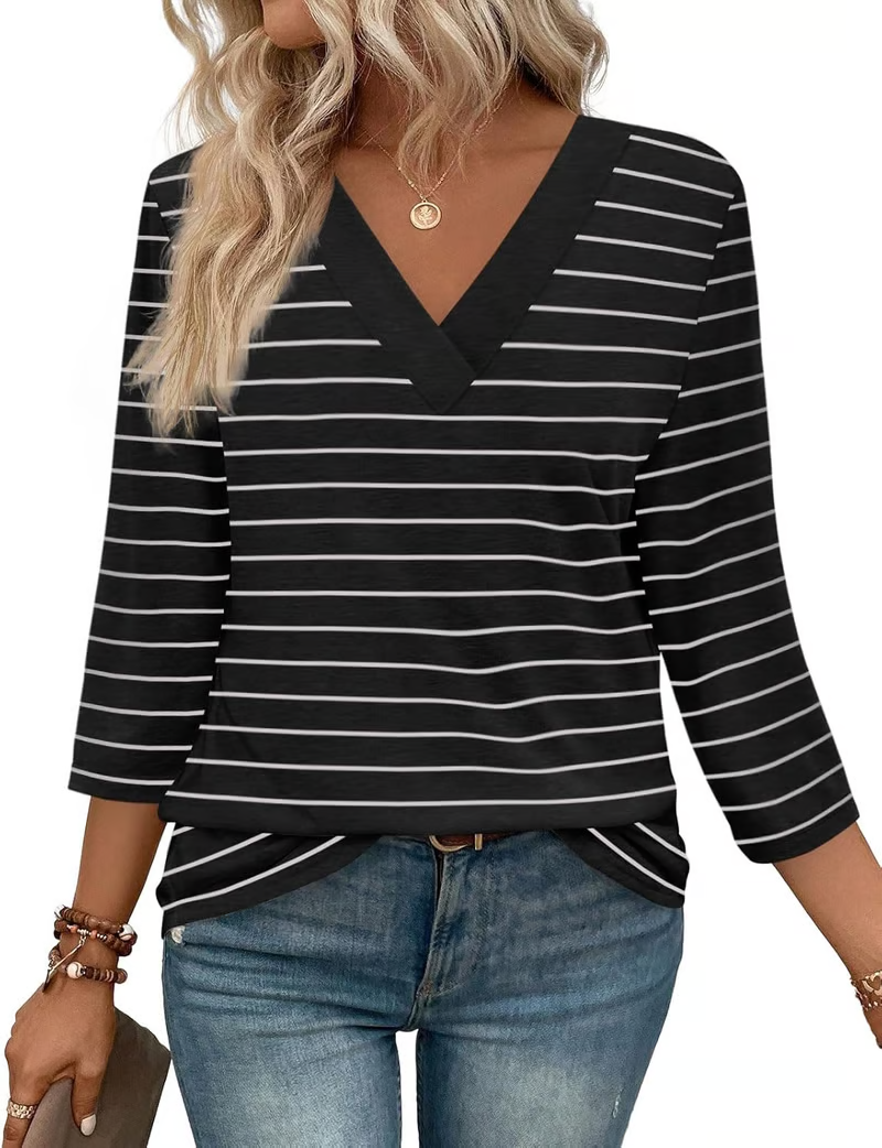 NEW🔥 Women's V Neck 3/4 Long Sleeve Loose Fit Tops