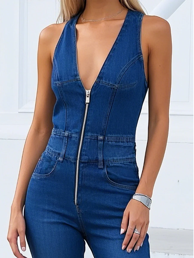 Elegant And Fashionable V-Neck Front Zipper Sleeveless Flared Denim Jumpsuit
