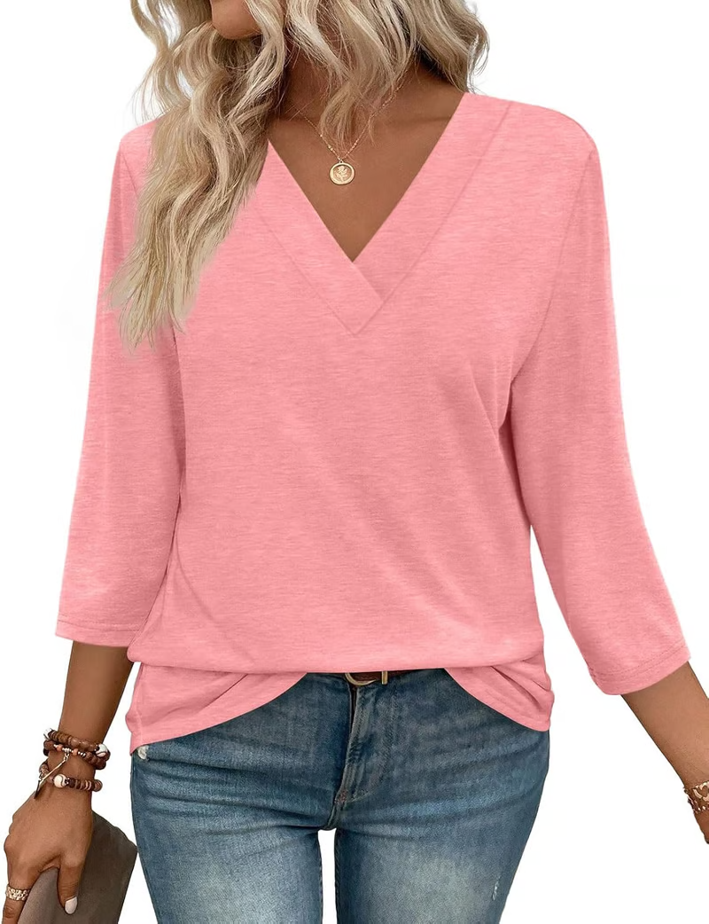 NEW🔥 Women's V Neck 3/4 Long Sleeve Loose Fit Tops