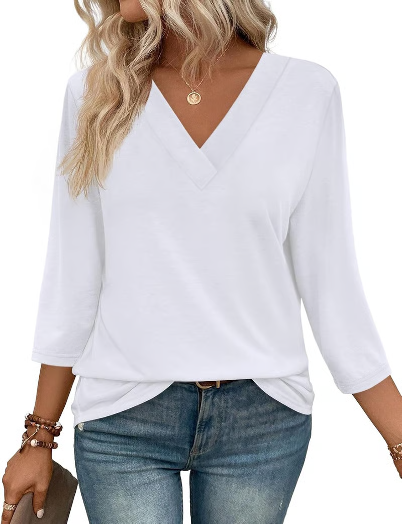 NEW🔥 Women's V Neck 3/4 Long Sleeve Loose Fit Tops