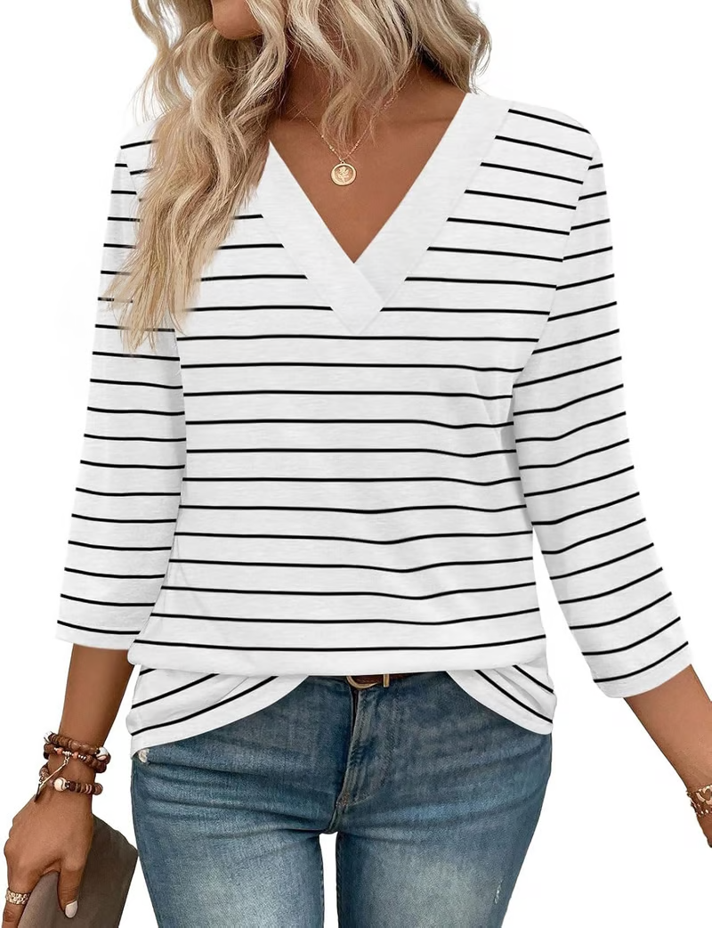 NEW🔥 Women's V Neck 3/4 Long Sleeve Loose Fit Tops