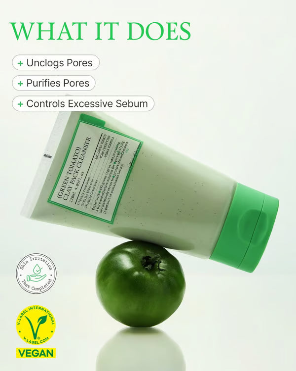 Green Tomato Clay Mask Cleanser, Pore Purifying with 49% Green Tomato Extract, Sebum & Clogged Pore Care, Exfoliation, Fragrance-Free, Vegan & Dermatologically Tested